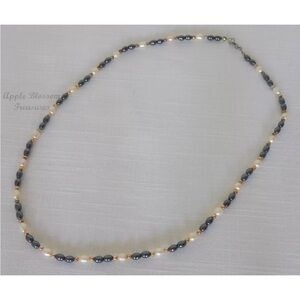 Vintage Estate Black Onyx, Freshwater Pearl & Gold Plate Bead Necklace